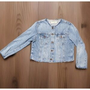 Lucky ReMade Denim Jacket Button Front Frayed Edges  Womens Large